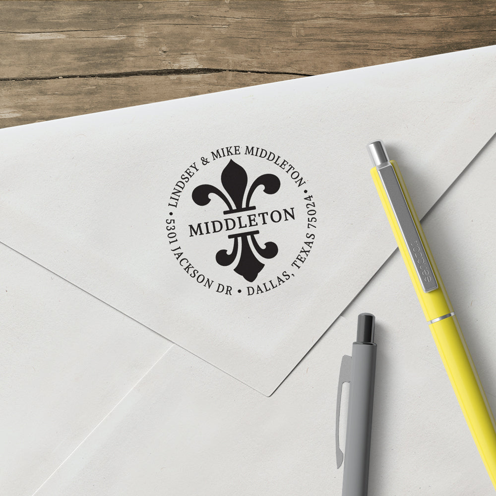 Round Fleur De Lis Return Address Last Name Custom Designer Stamp