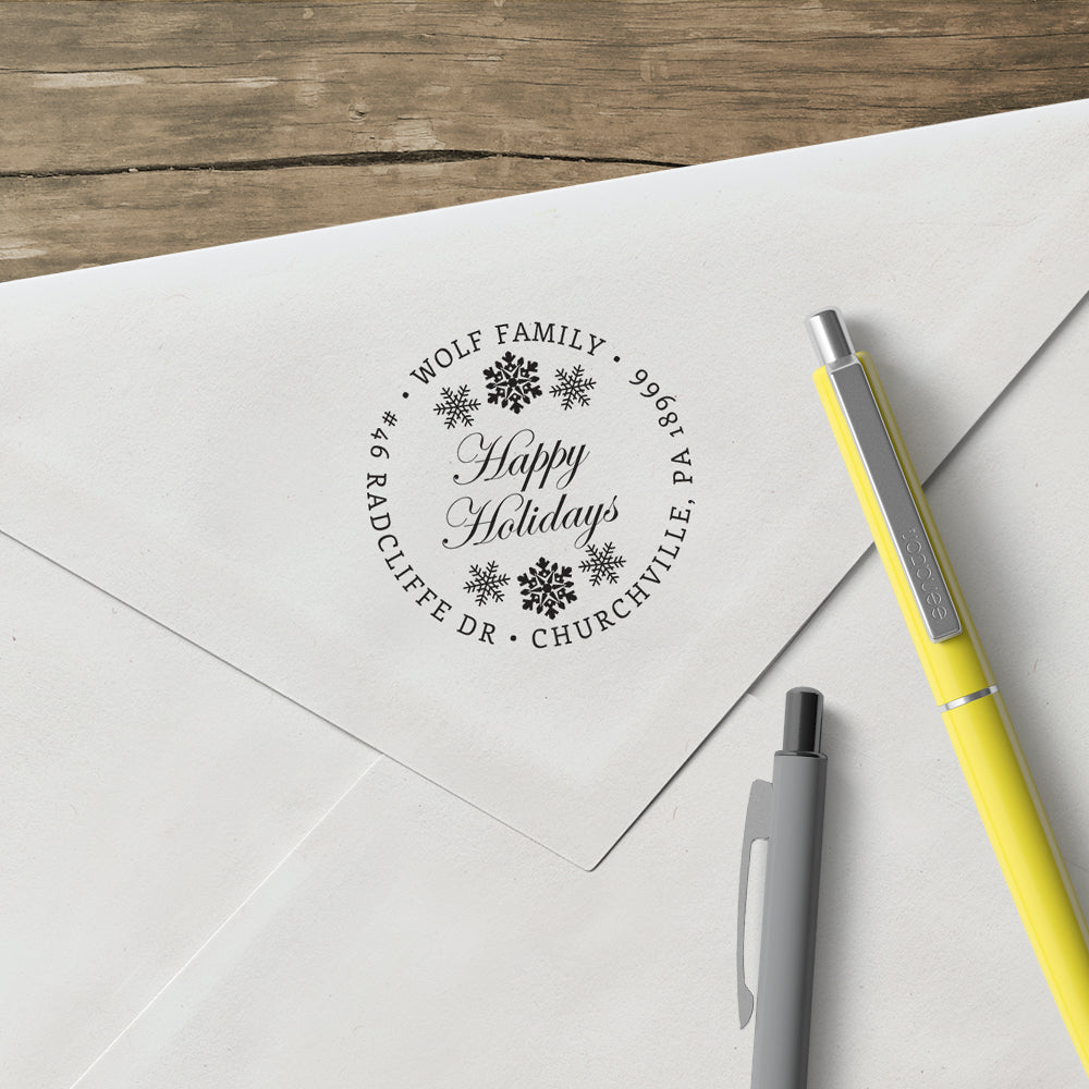 Happy Holidays Round Return Address Custom Designer Stamp