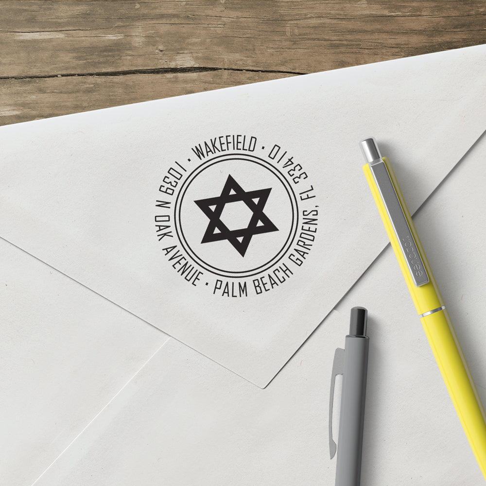 Holiday Star of David Jewish Round Return Address Custom Designer Stamp