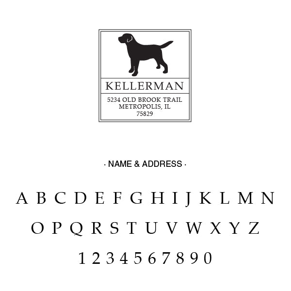 Square Return Address Dog Family Last Name Custom Designer Stamp Alphabet and Font Used