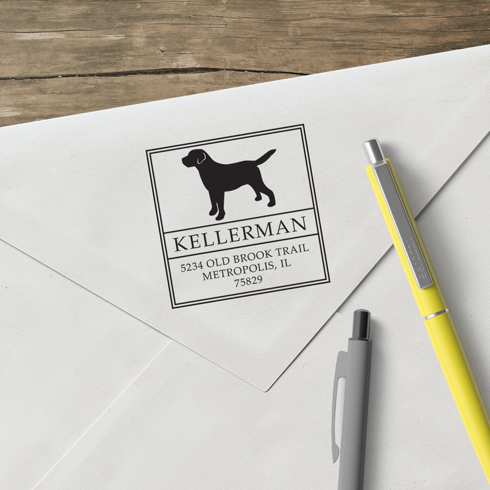 Square Return Address Dog Family Last Name Custom Designer Stamp