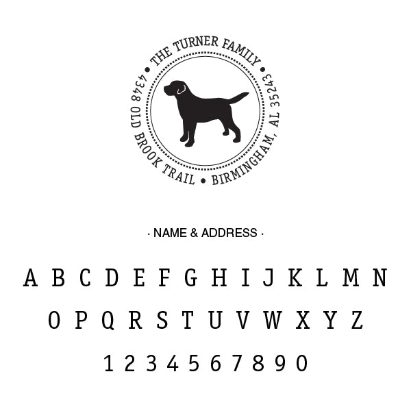 Round Return Address Dog Family Last Name Custom Designer Stamp Alphabet and Font Used