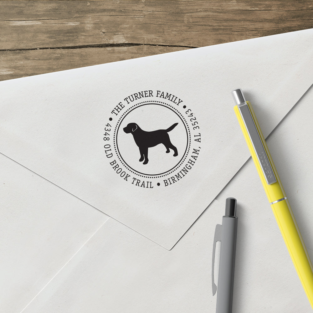 Round Return Address Dog Family Last Name Custom Designer Stamp