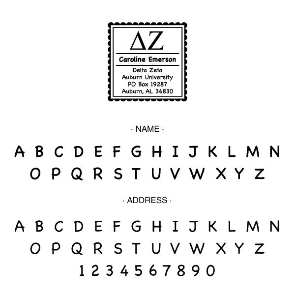 Delta Zeta Scallop Frame Square Return Address Panhellenic Sorority Chapter Custom Designer Stamp Greek