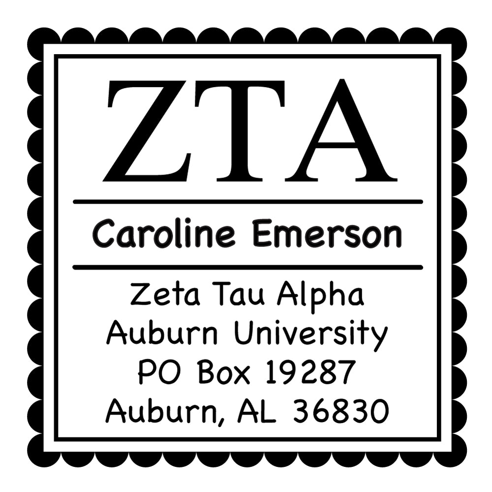 Zeta Tau Alpha Scallop Frame Square Return Address Panhellenic Sorority Chapter Custom Designer Stamp Greek