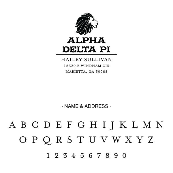 Alpha Delta Pi College Panhellenic Sorority Chapter Name Return Address Custom Designer Stamp