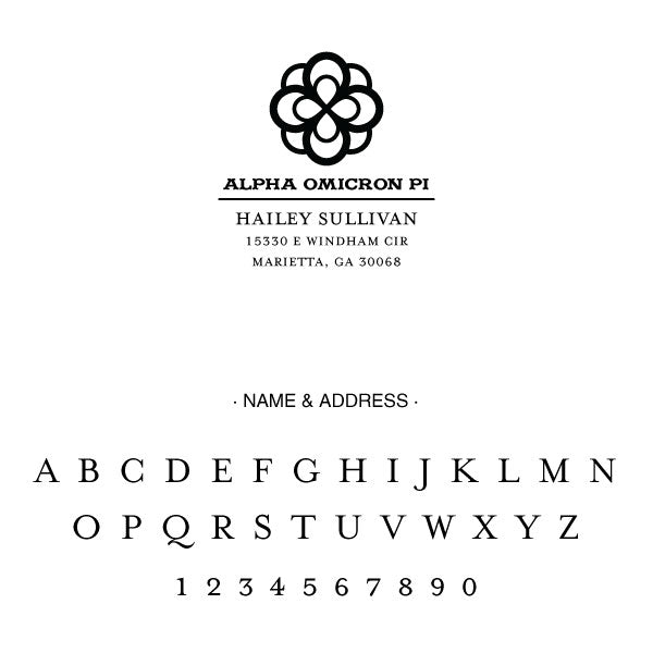 Alpha Omicron Pi College Panhellenic Sorority Chapter Name Return Address Custom Designer Stamp
