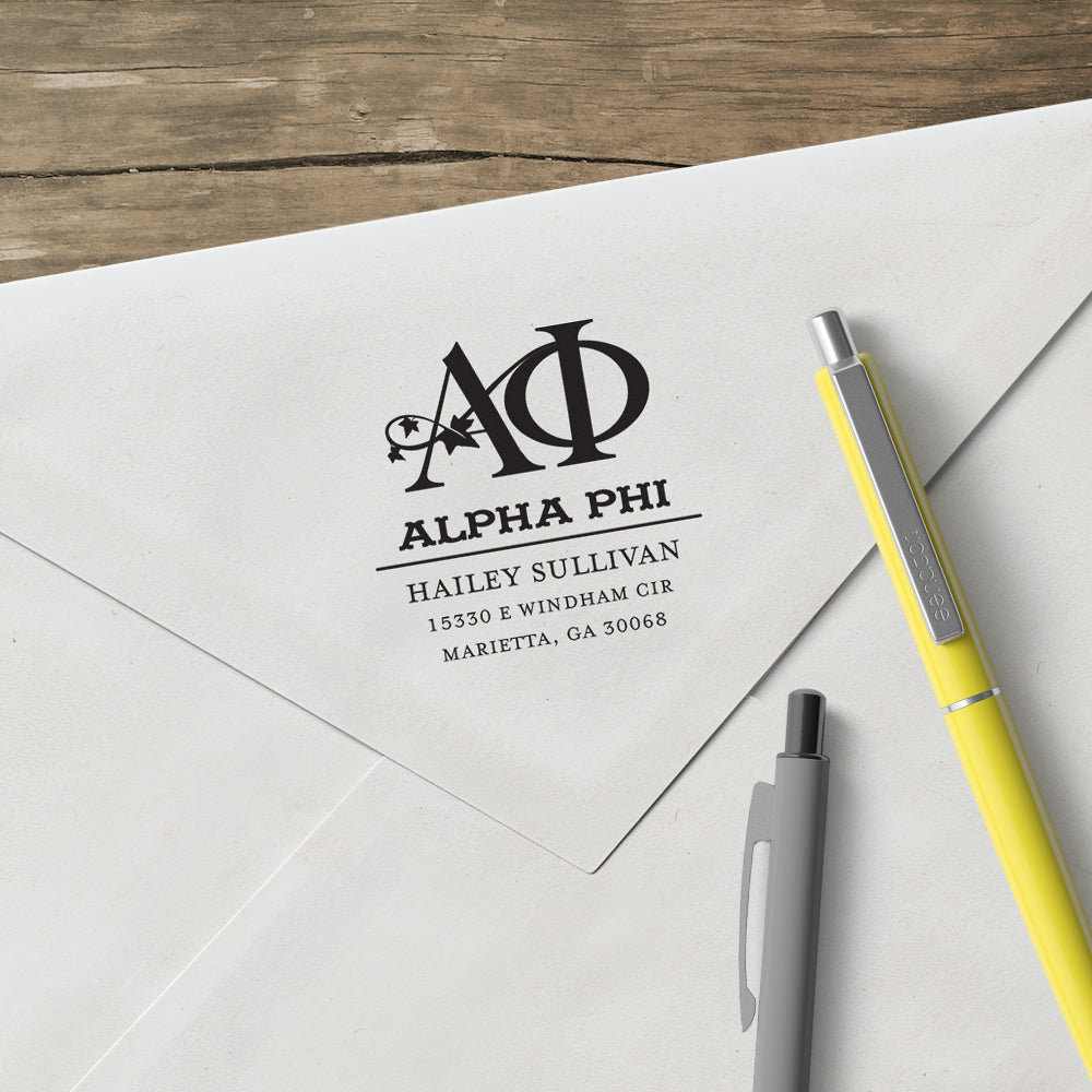 Alpha Phi College Panhellenic Sorority Chapter Name Return Address Custom Designer Stamp