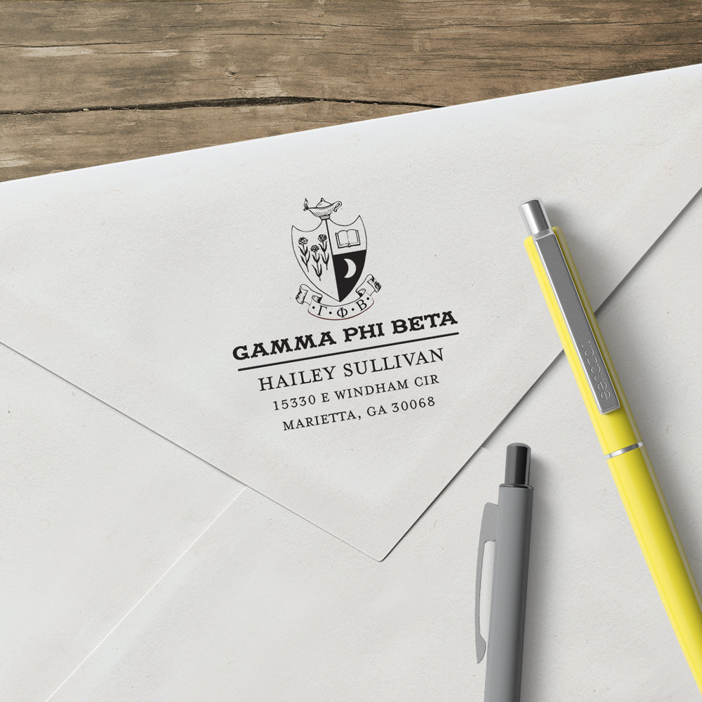 Gamma Phi Beta College Panhellenic Sorority Chapter Name Return Address Custom Designer Stamp