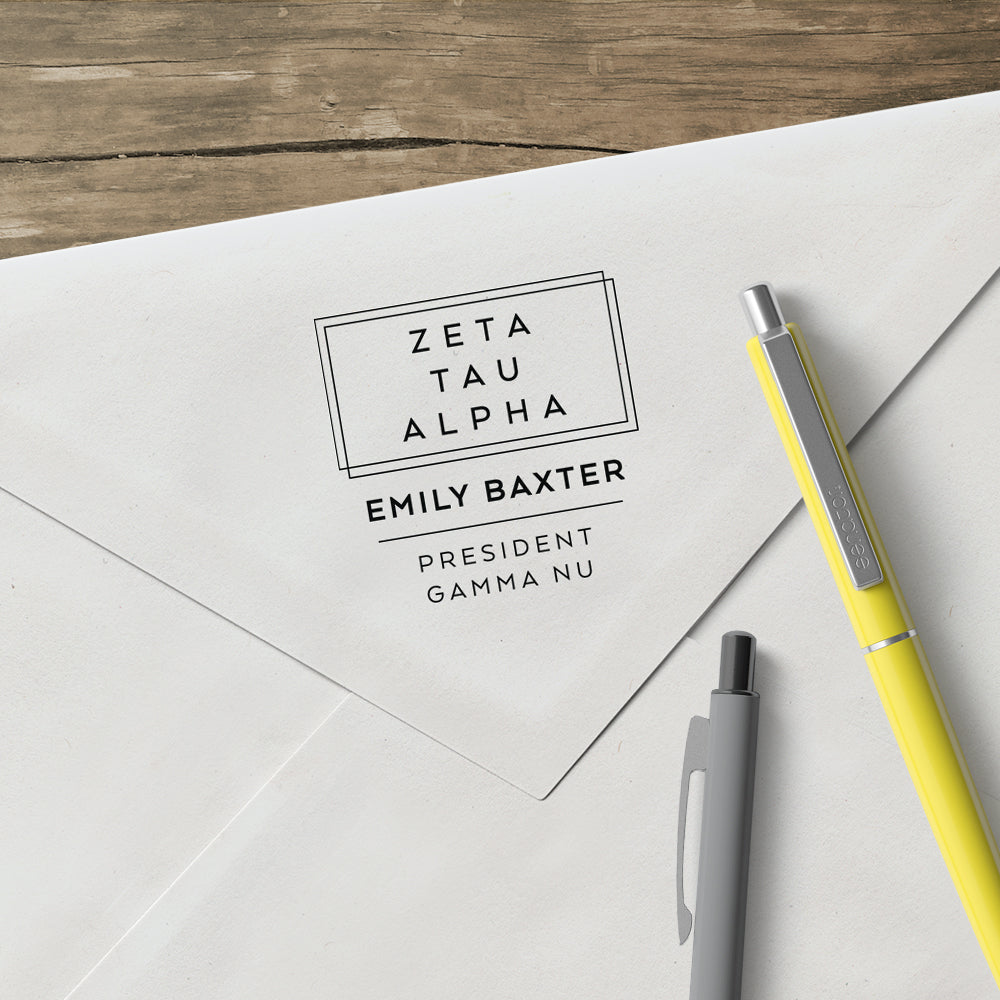 Zeta Tau Alpha Deco Style Frame Social Panhellenic Sorority Chapter Custom Designer Stamp Greek