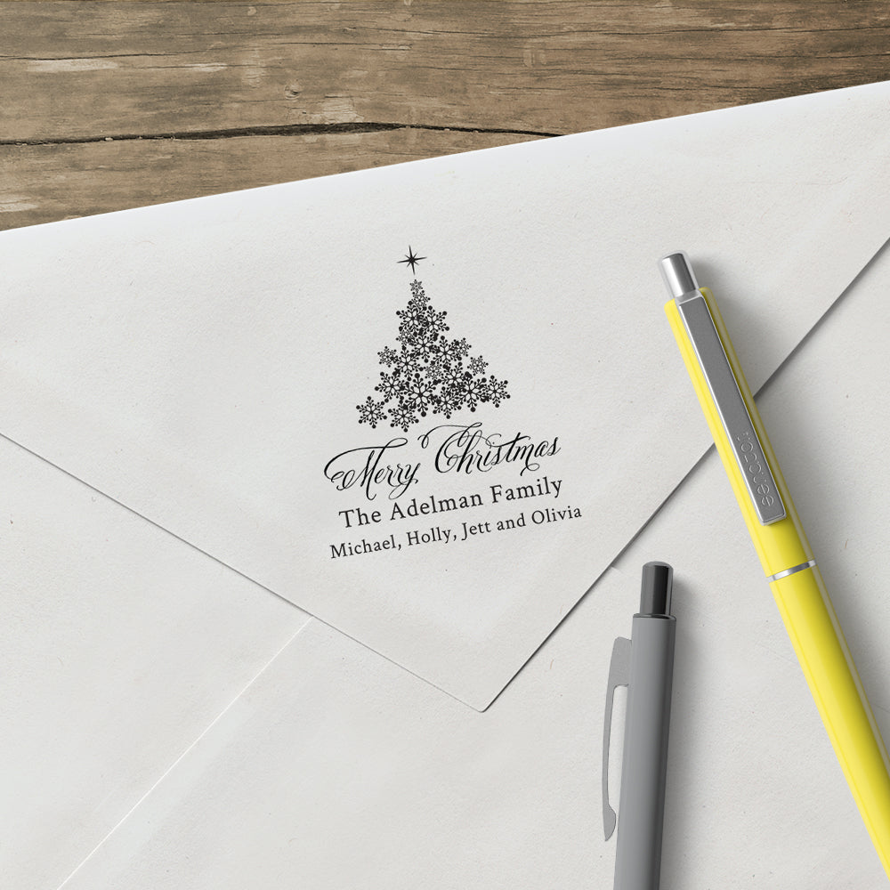Holiday Merry Christmas Tree Family Return Address Custom Designer Stamp