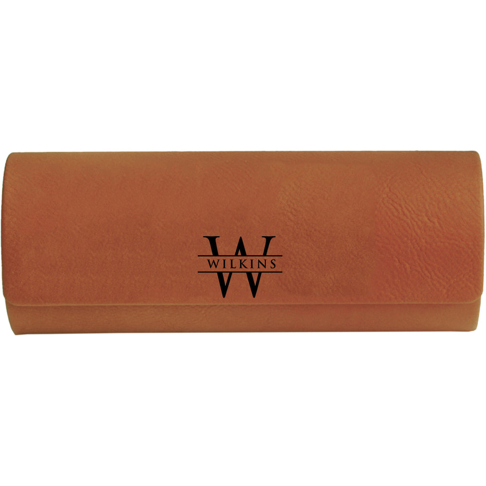 custom engraved vegan leather eyeglasses case with magnetic closure and personalized with name and initial