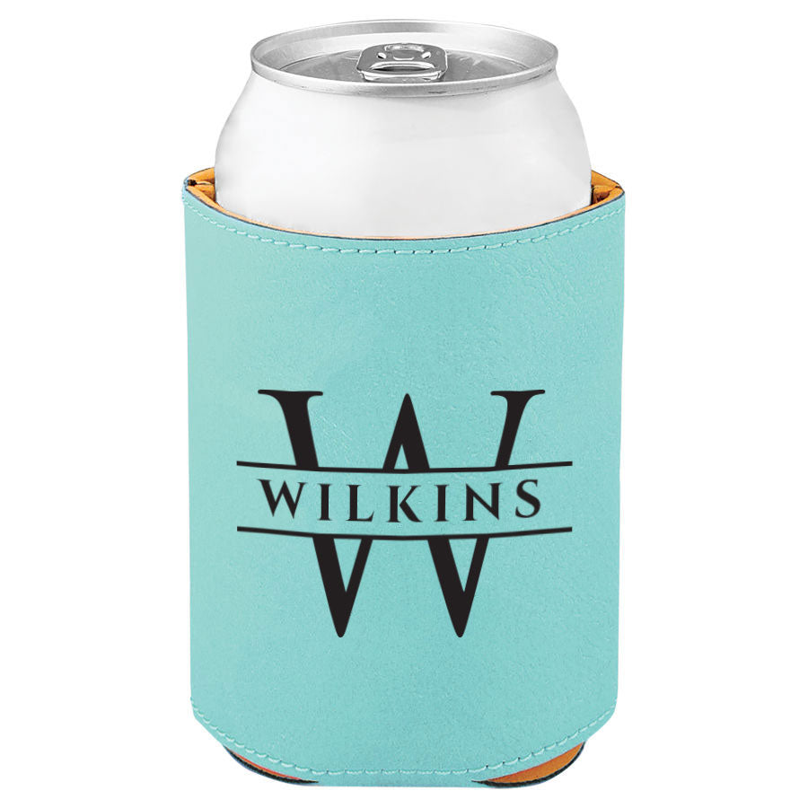 Custom Engraved Leather Beverage Sleeve with Last Name and Initial