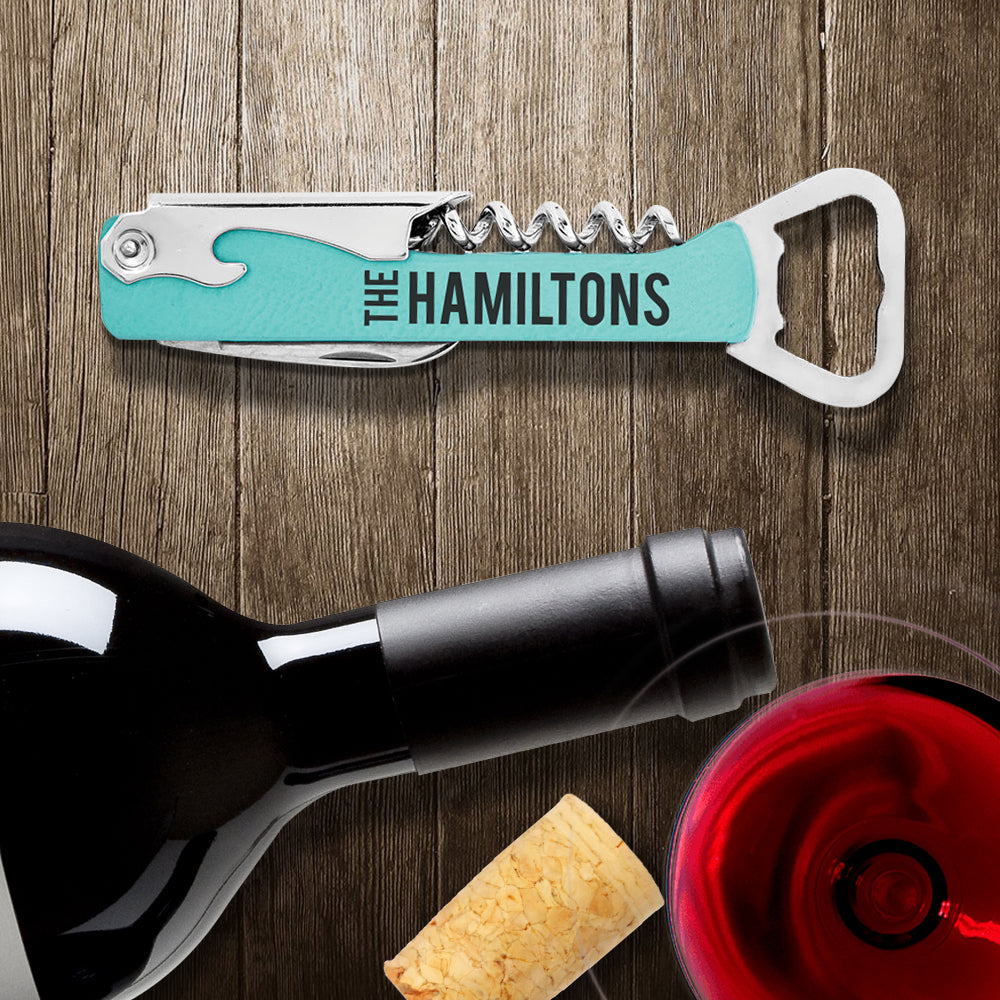 Custom Engraved Vegan Leather and Stainless Steel Wine & Bottle Opener with Name