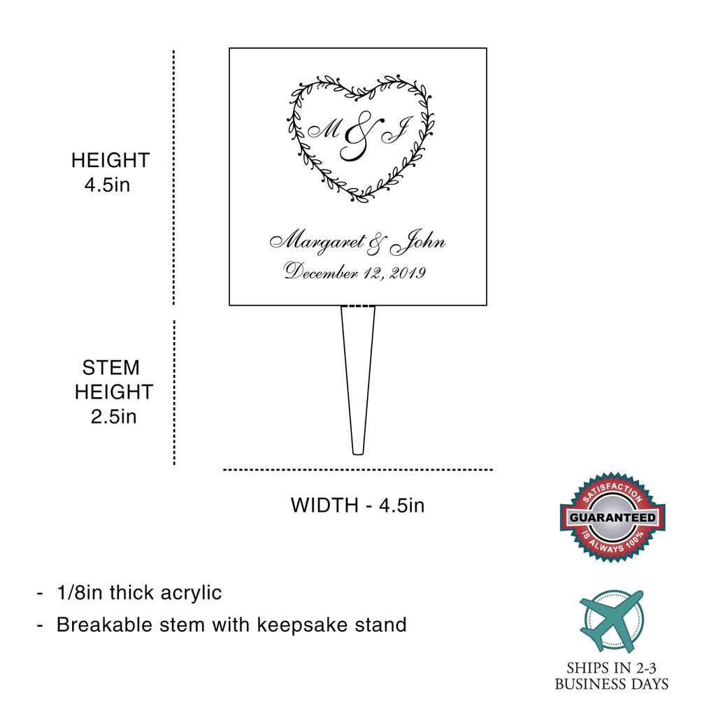 Custom Acrylic Wedding Ornate Heart Initials, Date and Names Cake Topper