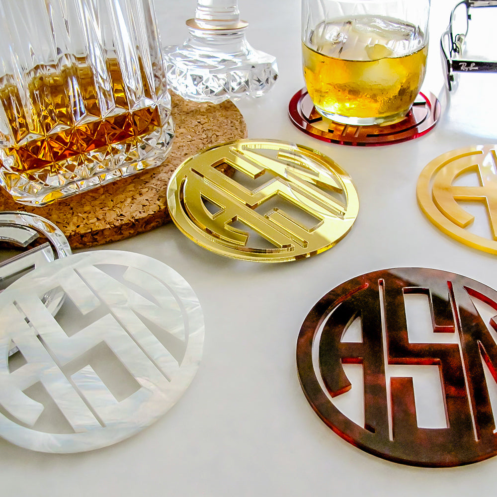 Gatsby Collection Custom Laser Cut Three Letter Monogram Coasters from Artisan Stamp