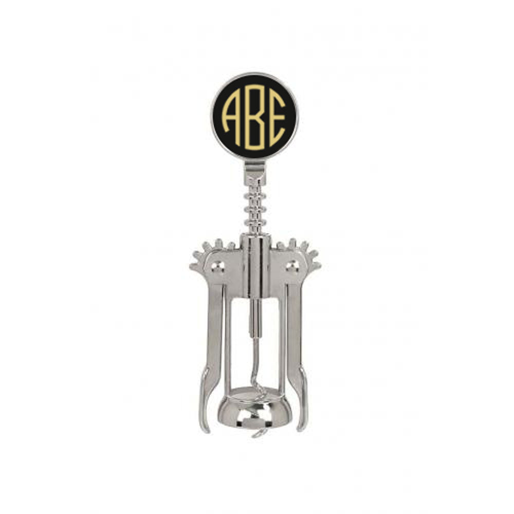 custom engraved wine bottle opener with three letter monogram black and gold