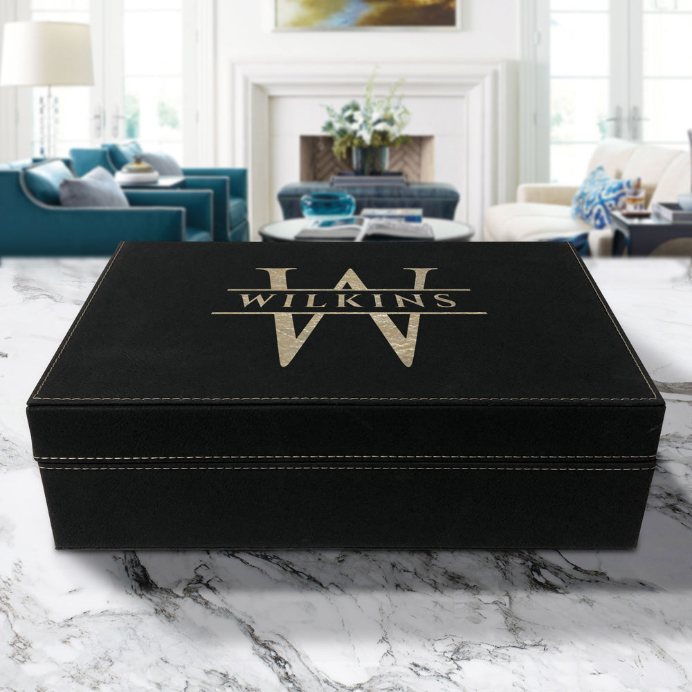 personalized custom engraved black vegan leather gift or keepsake box high quality and water resistant with magnetic closure and removable foam inserts  