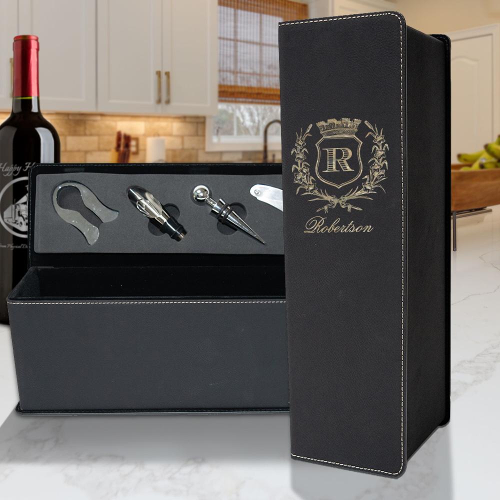 custom engraved vegan leather presentation wine set box with tools and padded interior