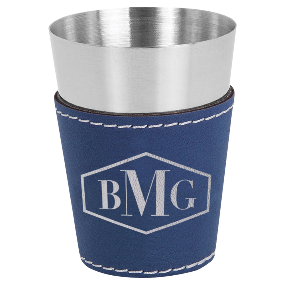 Engraved Leather & Stainless Steel Shot Glass Pair