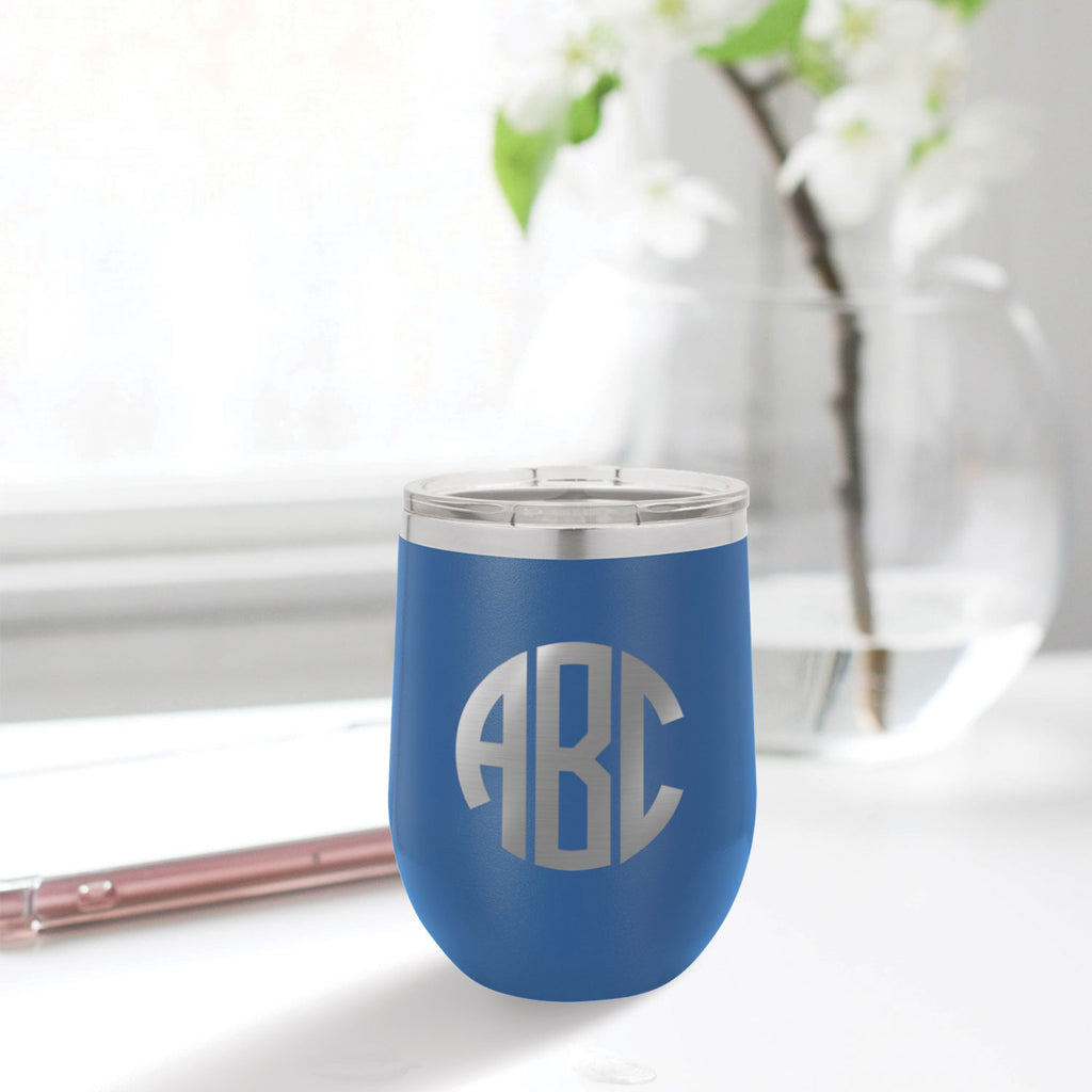 custom engraved stainless steel 12 oz tumbler blue with clear lid