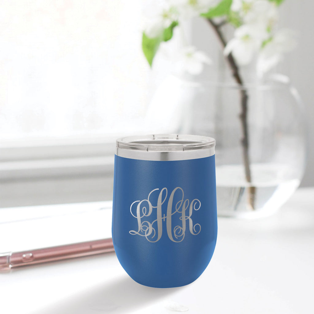 custom engraved stainless steel 12 oz tumbler blue with clear lid