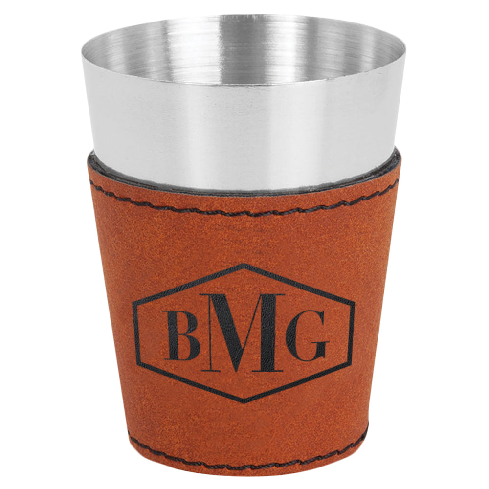 Engraved Leather & Stainless Steel Shot Glass Pair