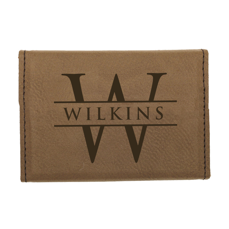 custom engraved vegan leather business card holder with initial and name with magnetic closure