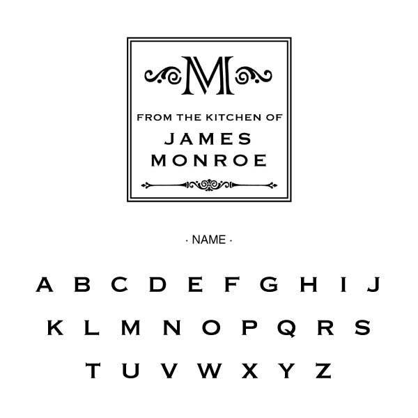 Square From The Kitchen Of Name and Initial Custom Designer Stamp Alphabet and Font Used