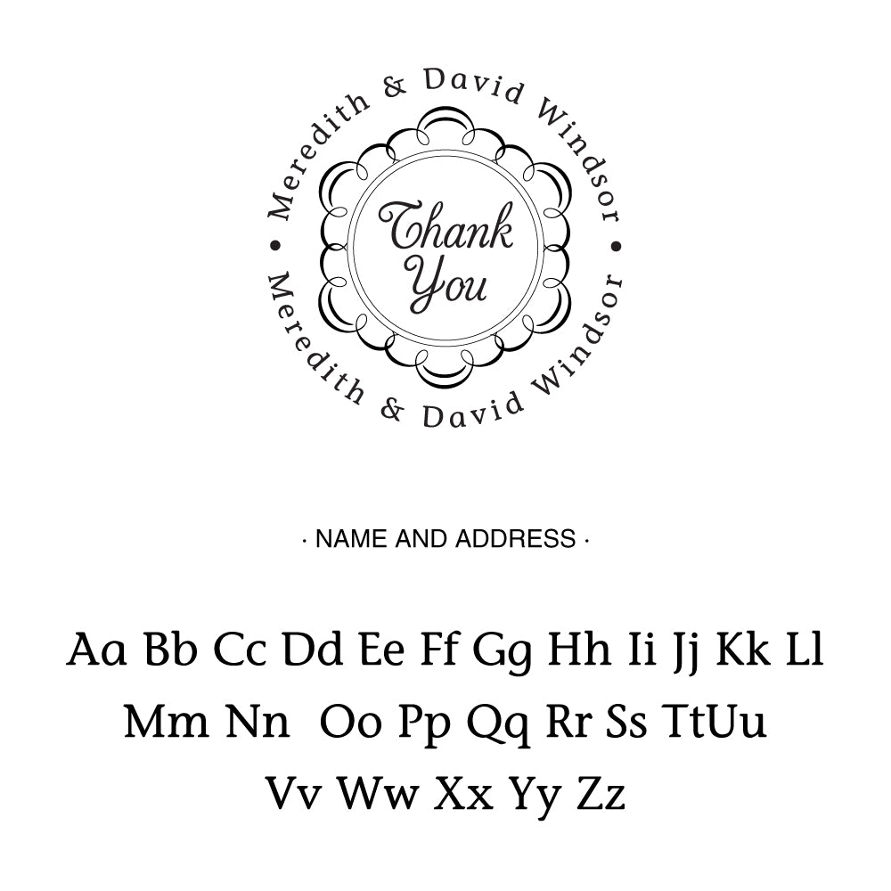 Round Thank You Name Custom Designer Stamp Alphabet and Font Used