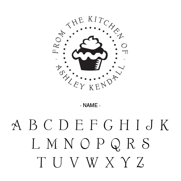 Round Cupcake From The Kitchen Of Name Custom Designer Stamp Alphabet and Font Used