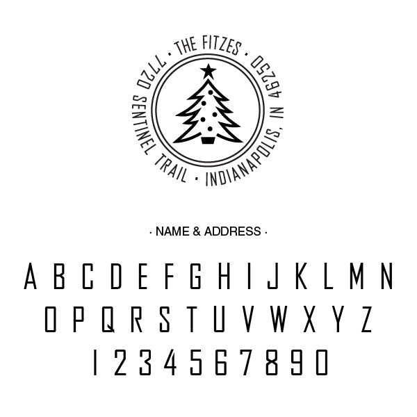 Holiday Christmas Tree Round Return Address Custom Designer Stamp Alphabet and Font Used