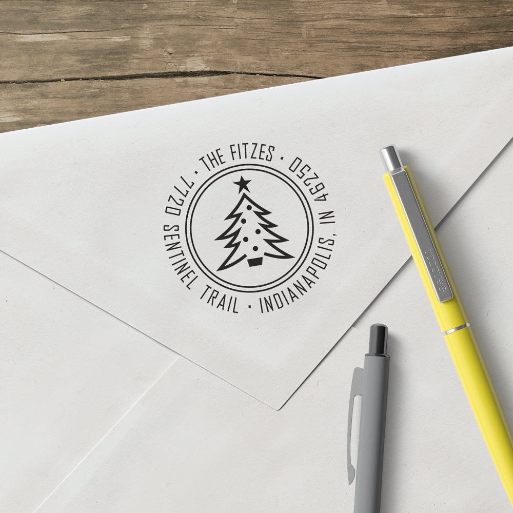 Holiday Christmas Tree Round Return Address Custom Designer Stamp