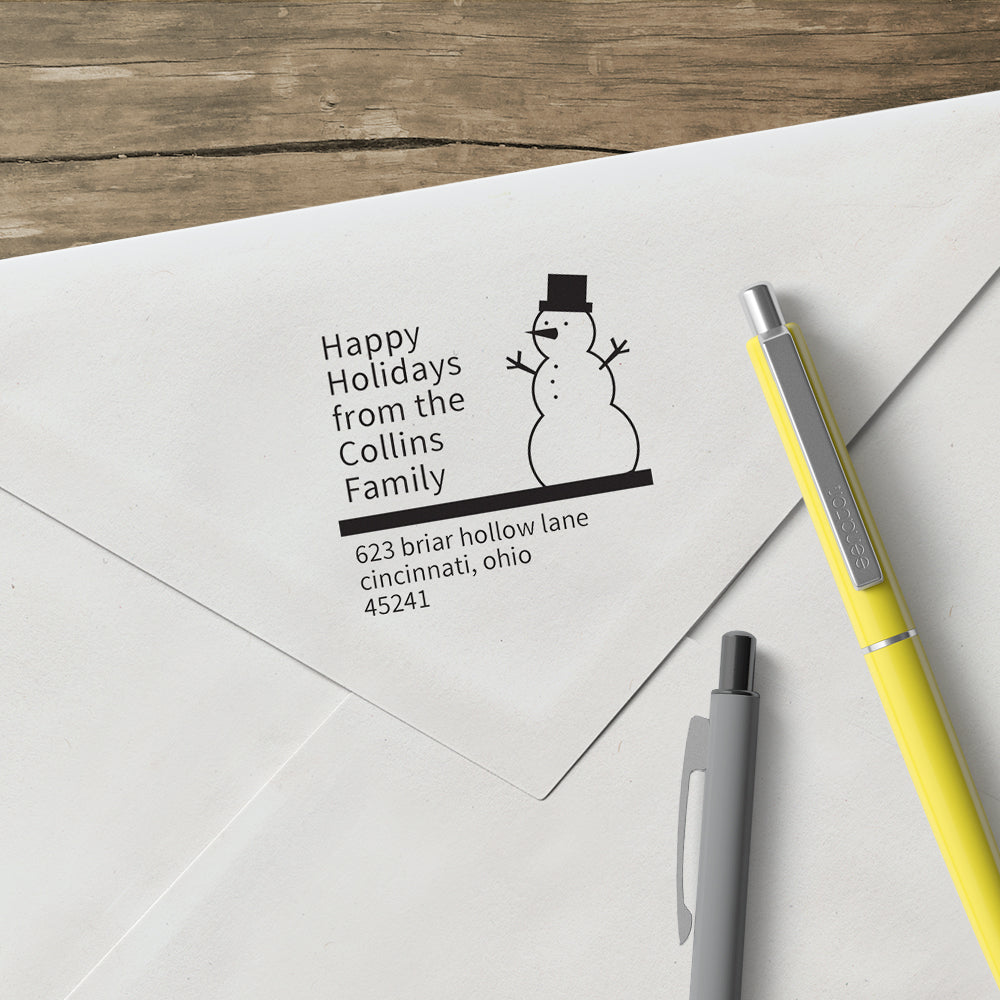 Happy Holidays Snowman Family Return Address Custom Designer Stamp