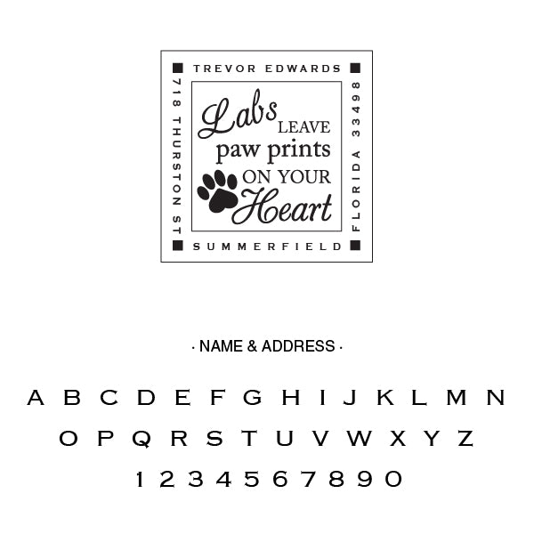 Square Return Address Lab Dog Family Name Custom Designer Stamp Alphabet and Font Used