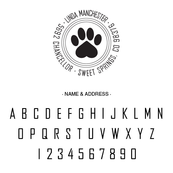 Round Dog Paw Print Return Address Custom Designer Stamp Alphabet and Font Used