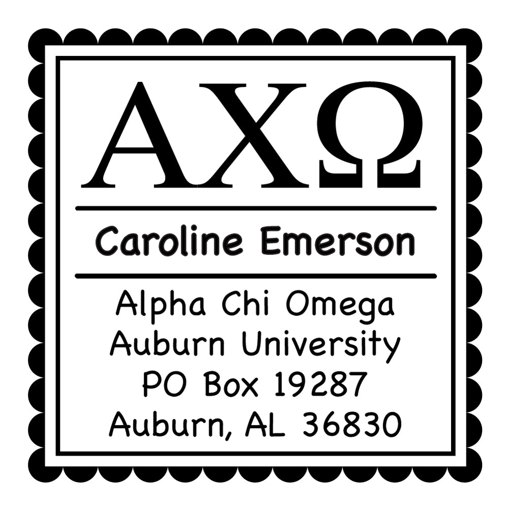 Alpha Chi Omega Scallop Frame Square Return Address Panhellenic Sorority Chapter Custom Designer Stamp Greek