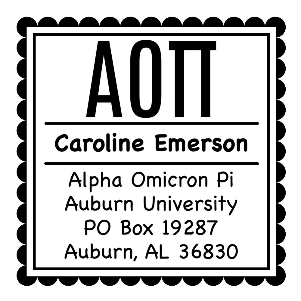 Alpha Omicron Pi Scallop Frame Square Return Address Panhellenic Sorority Chapter Custom Designer Stamp Greek