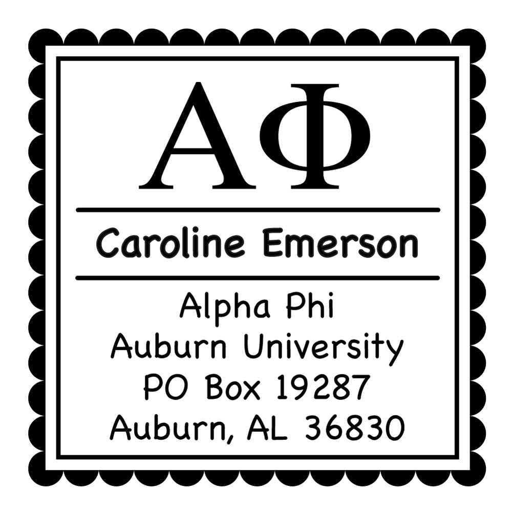 Alpha Phi Scallop Frame Square Return Address Panhellenic Sorority Chapter Custom Designer Stamp Greek