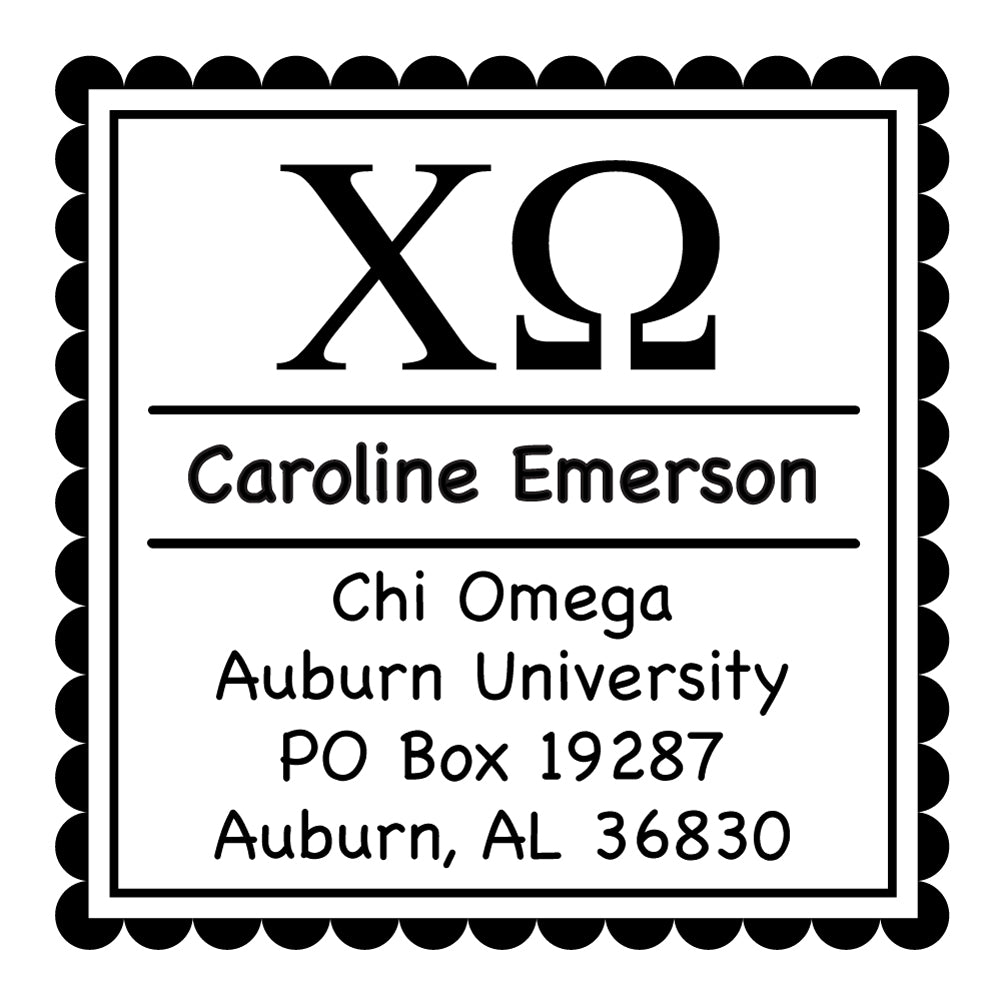 Chi Omega Scallop Frame Square Return Address Panhellenic Sorority Chapter Custom Designer Stamp Greek