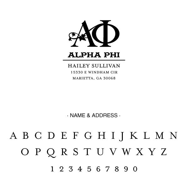 Alpha Phi College Panhellenic Sorority Chapter Name Return Address Custom Designer Stamp