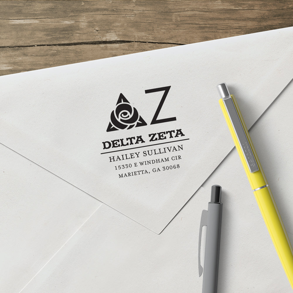 Delta Zeta College Panhellenic Sorority Chapter Name Return Address Custom Designer Stamp