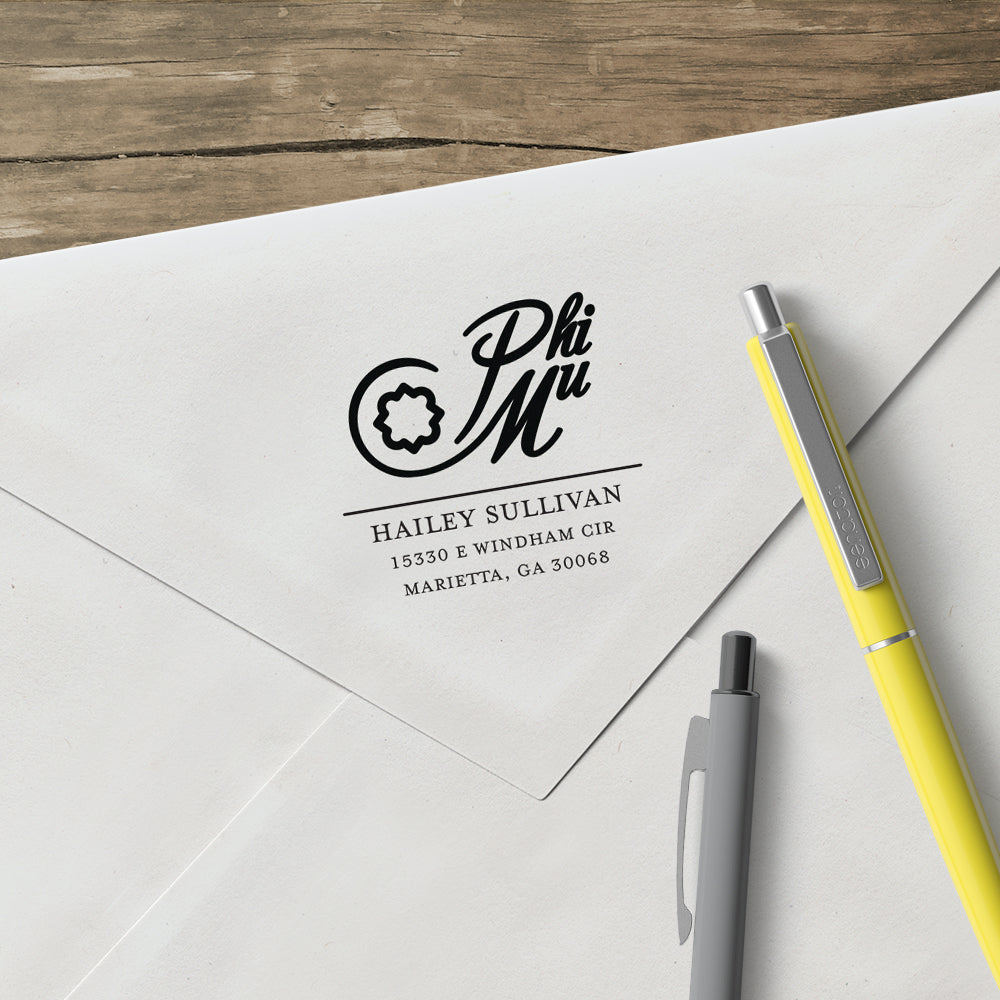 Phi Mu College Panhellenic Sorority Chapter Name Return Address Custom Designer Stamp
