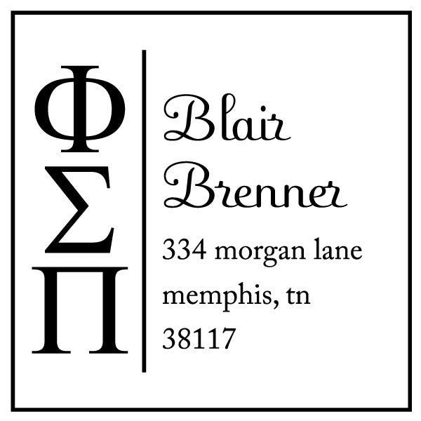 Phi Sigma Pi Square Panhellenic Sorority Name Return Address Custom Designer Stamp
