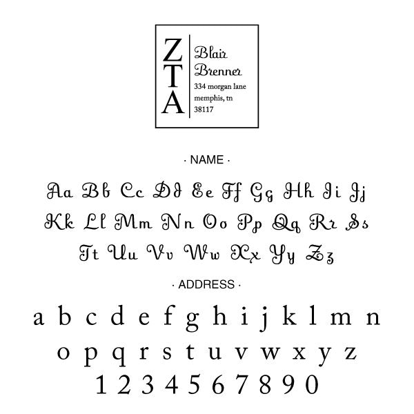 Zeta Tau Alpha Square Panhellenic Sorority Name Return Address Custom Designer Stamp