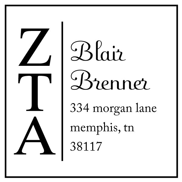 Zeta Tau Alpha Square Panhellenic Sorority Name Return Address Custom Designer Stamp