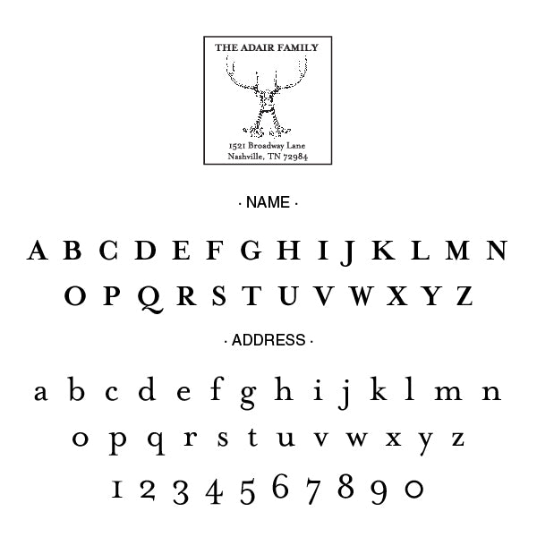 Square Alexa Pulitzer Antler Return Address Custom Designer Stamp Alphabet and Font Used