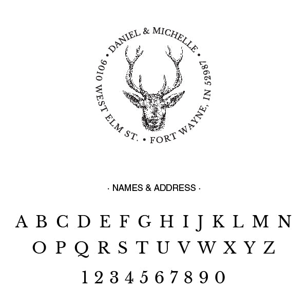 Round Alexa Pulitzer Antler Deer Name and Return Address Custom Designer Stamp Alphabet and Font Used
