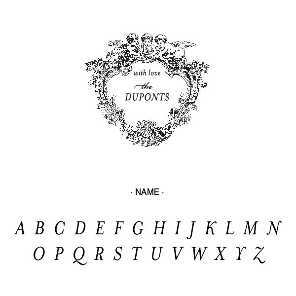 Alexa Pulitzer Cherubs With love Family Name Custom Designer Stamp Alphabet and Font Used