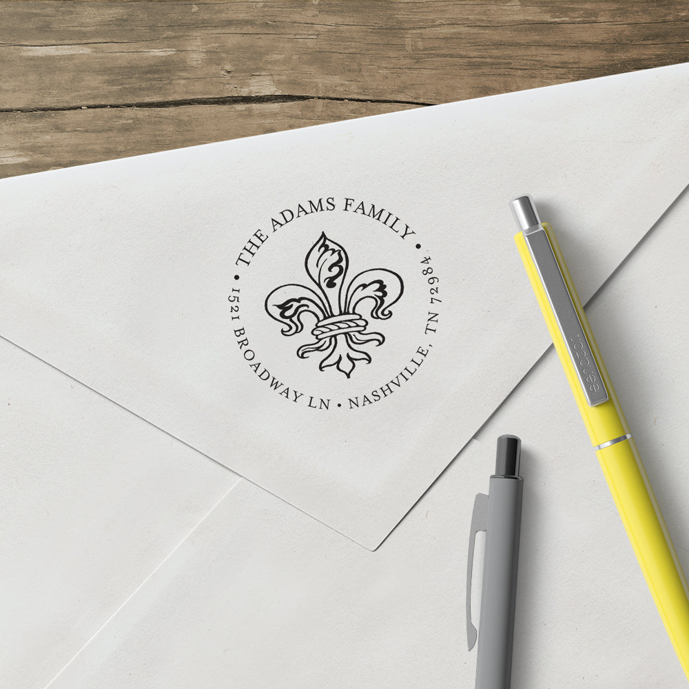 Round Alexa Pulitzer Fleur De lis Famiy Name and Return Address Custom Designer Stamp
